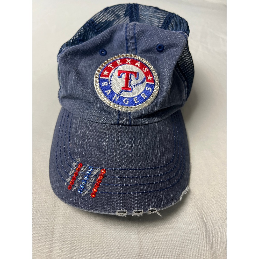 Texas Rangers MLB Trucker Hat Navy Blue Rhinestone Distressedβ Mesh Back Cap